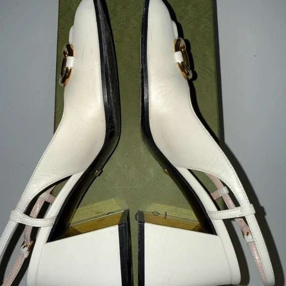 Gucci Women's Cream Leather Slingback Heels with Gold Accents - Picture 5 of 8